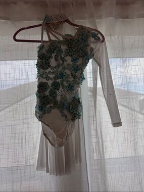 Glamorous White Dance Costume with Blue Floral Appliqué